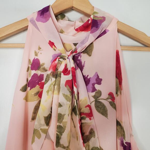 Lauren Ralph Lauren Floral Chiffon Sleeveless Dress Pastel Pink Bow Size 16 NEW - Picture 6 of 12